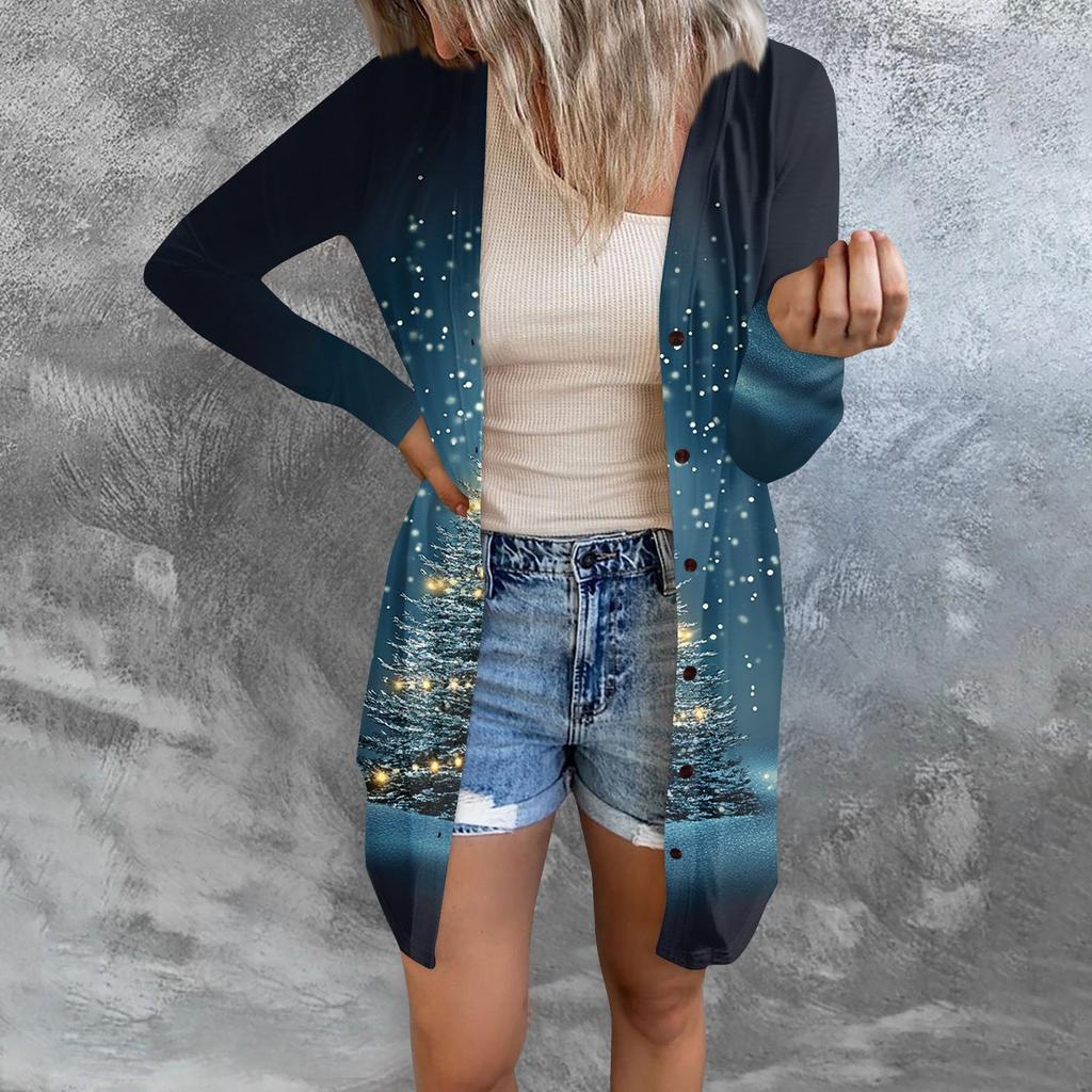 Women's Fashion Casual Long-sleeved Print Medium Length Cardigan Button Jacket Coat