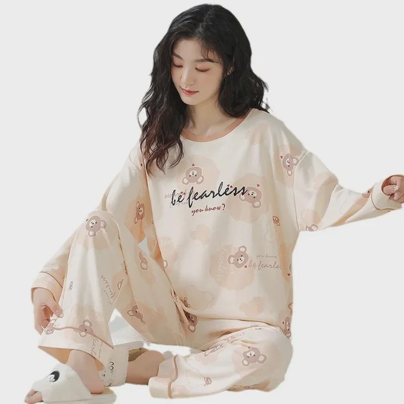 Женский пижамный комплект весна/осень: Длинный рукав, мультяшный дизайн, свободный крой, нагрудные накладки, подходит для использования в помещении и на улице.