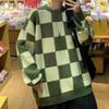 Зимний клетчатый свитер, мужской свободный покрой, модный вязаный топ с круглым вырезом, повседневный универсальный свитер осенне-зимнего сезона