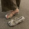 High Heels Women's Summer 2025 New French Butterfly Rhinestone Sandals Square Head Transparent Thick Heel Outer Slippers Women