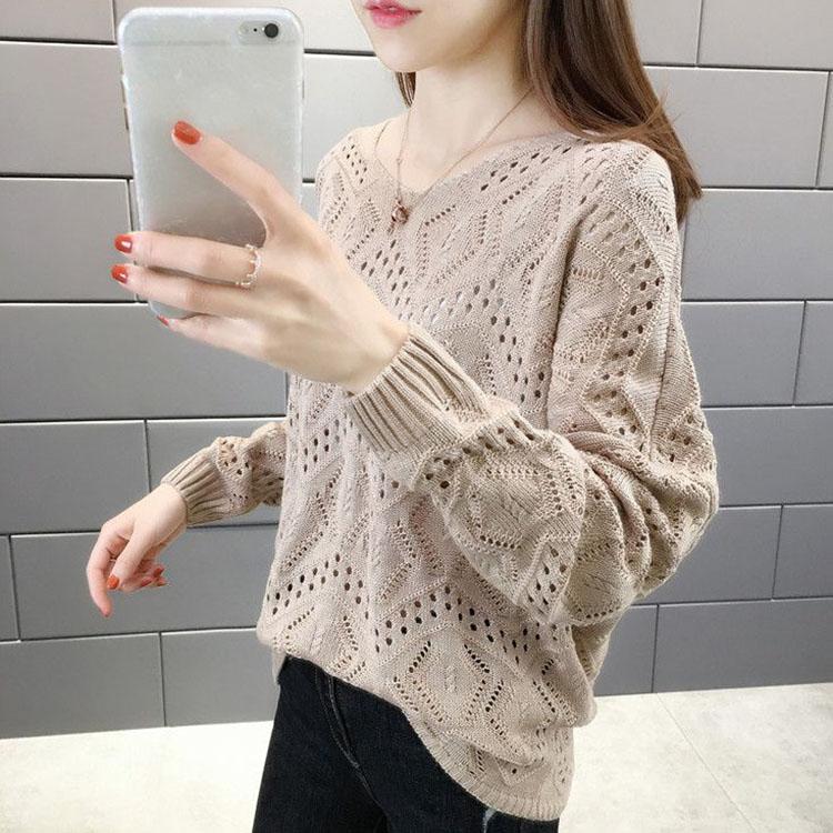 Hollow Knitted Sweater Women's Pullover Spring and Autumn V-neck Blouse Loose Outer Sweater Bottoming Shirt