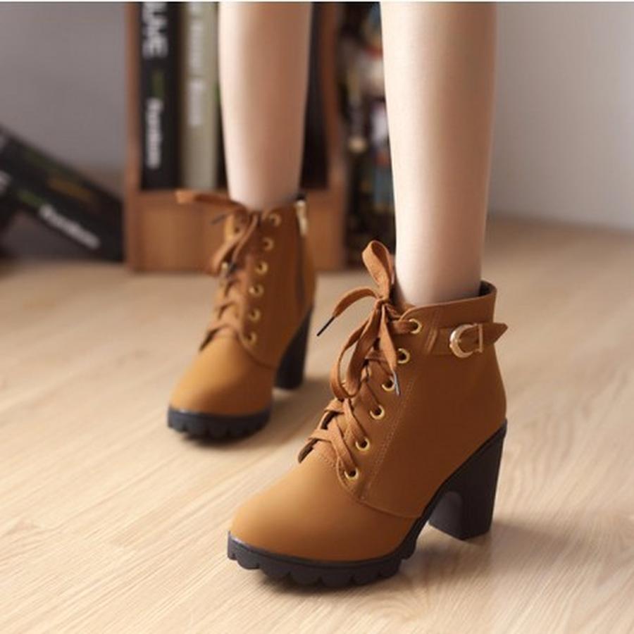 European Ladies Shoes PU High Heels Boots Fast Delivery New Spring Winter Women Pumps Boots High Quality Lace-up