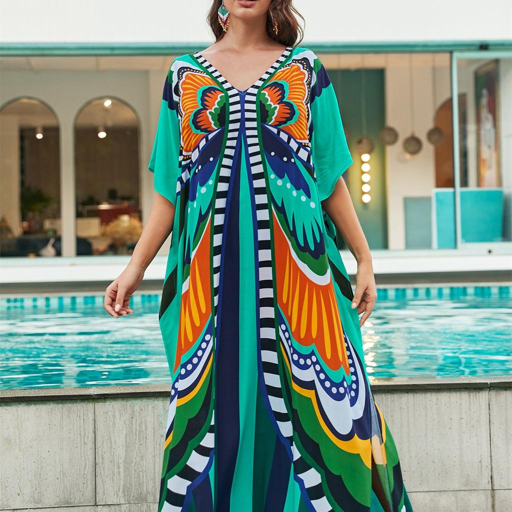 YYFS Women's Fashion Vacation Summer Spring Butterfly Print 1/2 Sleeves V-Neck Casual Dresses