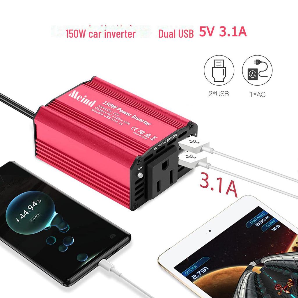 Компактный автомобильный инвертор мощностью 150 Вт с 12 В постоянного тока в 110 В переменного тока с двумя выходами USB 5 В/3,1 А