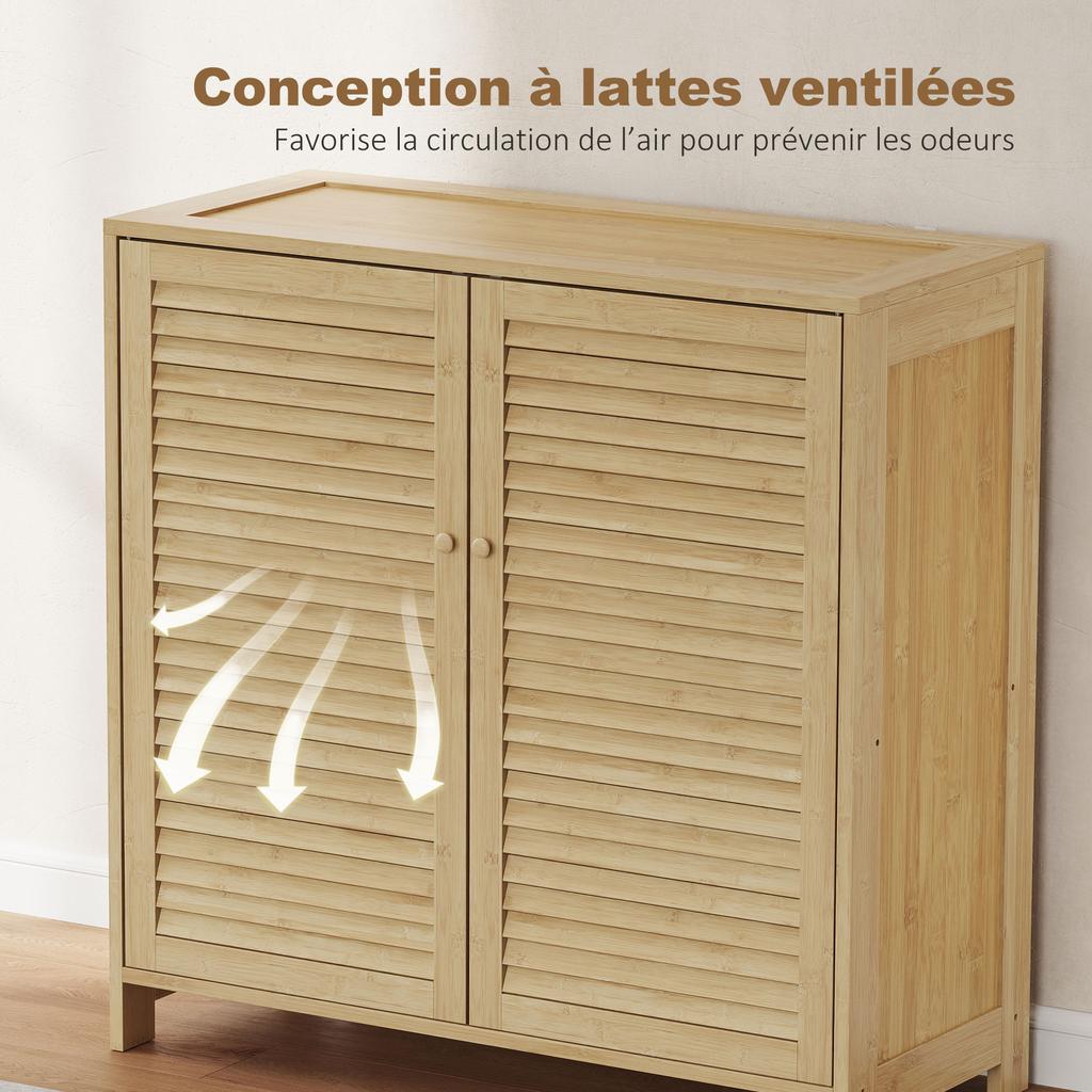 Bamboo Shoe Cabinet with Louvered Doors, 14 Pairs Shoe Storage Cabinet with Adjustable Shelves for Hallway, Natural