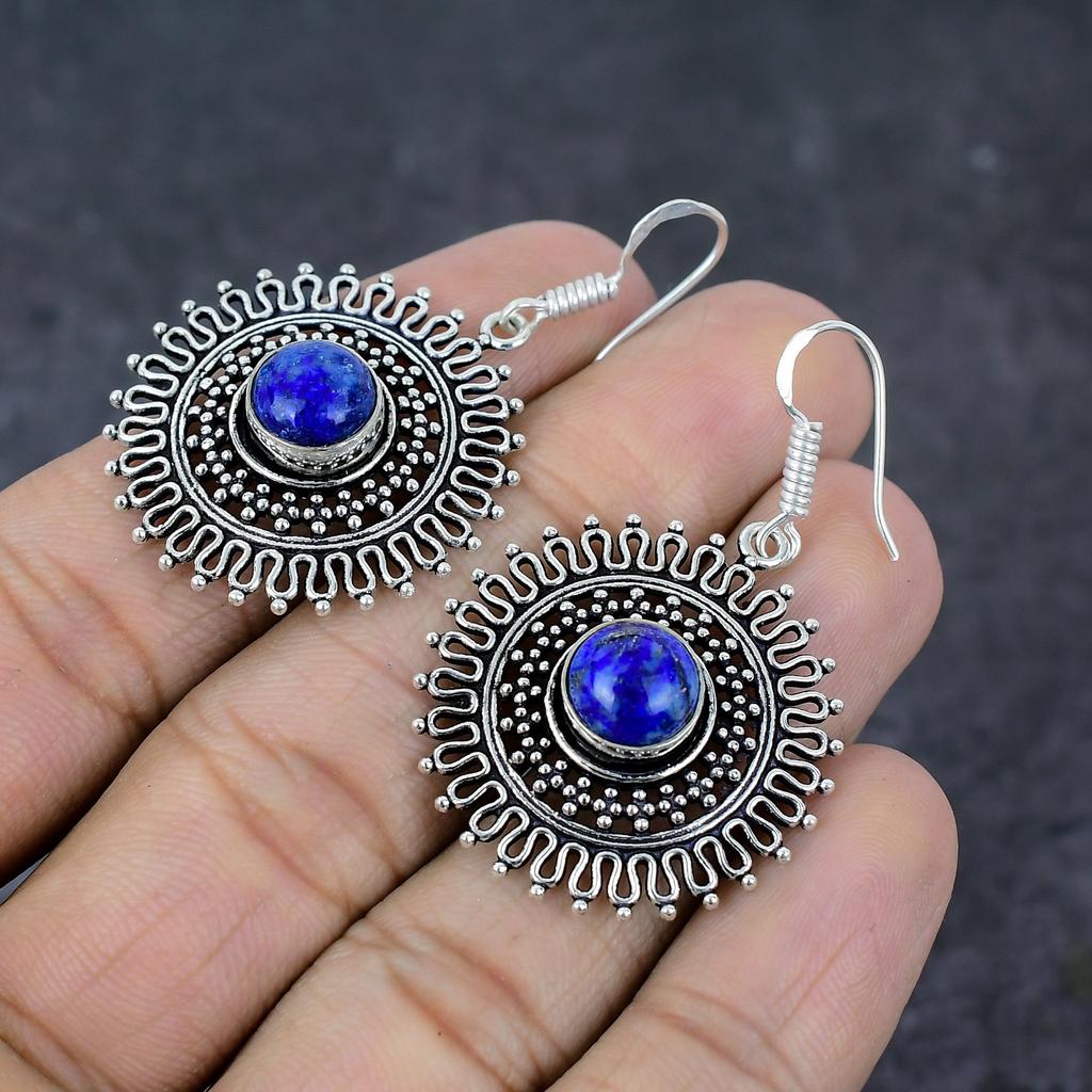 Natural Lapis Lazuli Gemstone Handmade 925 Sterling Silver Gift Earring 2" m7B67