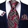 Hi-Tie Fashion Mens Wine-Red Paisley Necktie Hanky Cufflinks for Business Wedding