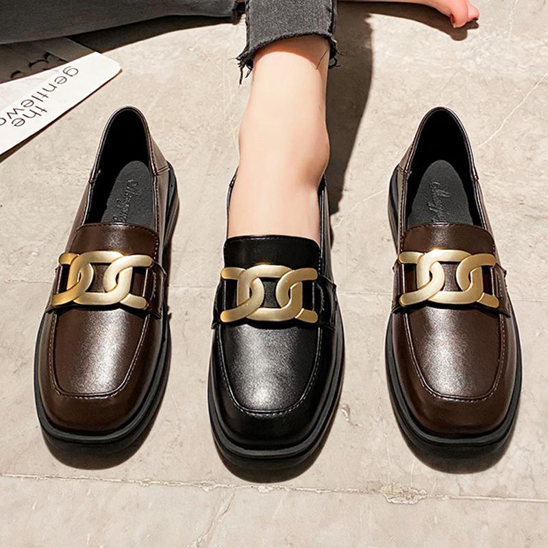 Luxury Metal Chain Oxfords Shoes Women Square Toe Loafers Black/Brown Leather Flats Mujer Mocasines Office Daily Sneakers