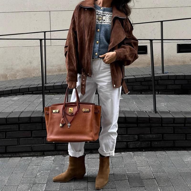 Европейская и американская женская ретро-куртка, коричневая, повседневная, свободного кроя (2025)