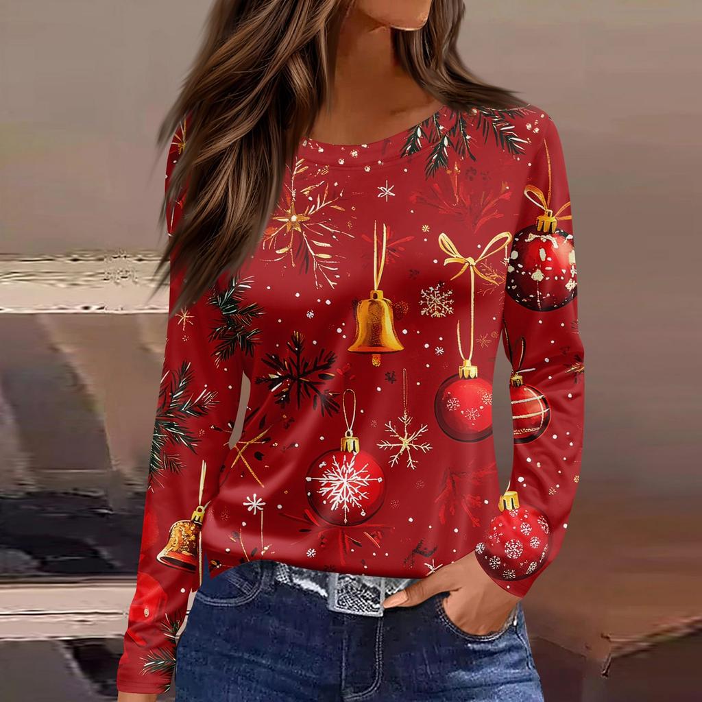 Женская модная повседневная футболка с разрезом по низу, круглым вырезом, длинными рукавами, свободного кроя, с рождественским принтом, женский топ