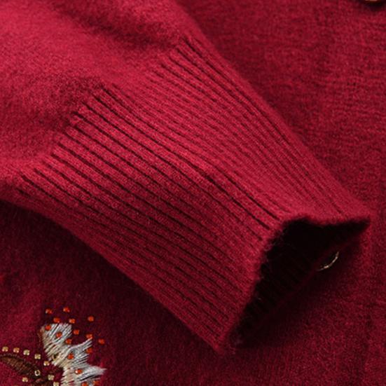 Осень-весна вязаное пальто для мам с цветочной вышивкой, однобортное, с круглым вырезом, свободный, с длинными рукавами, кардиган, эластичный