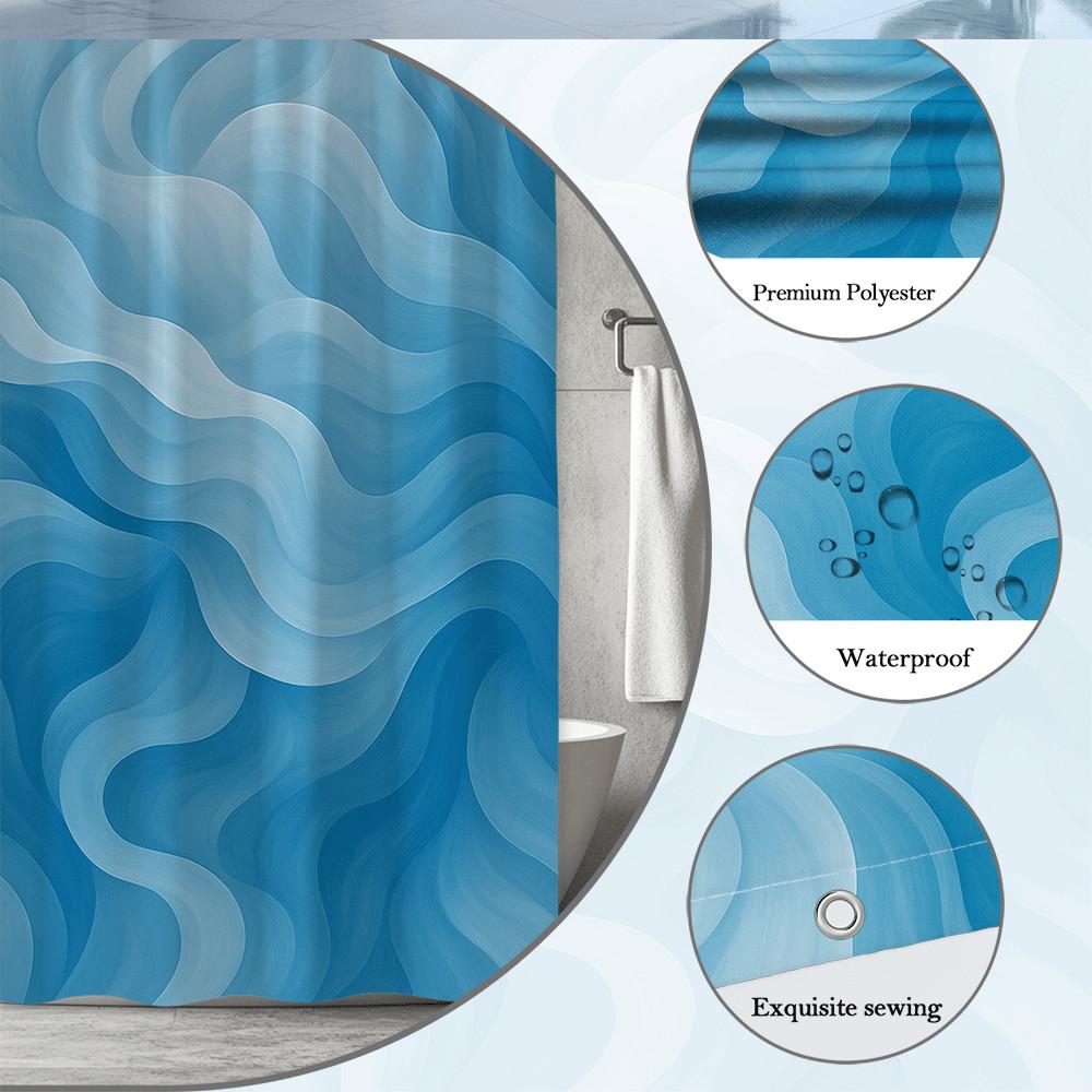 Blue Wave Pattern Shower Curtain Machine Washable All Season Waterproof Privacy Protection Abstract Design Modern 12 Hooks