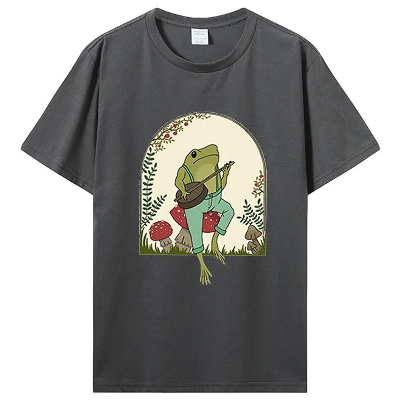 Cute Cottagecore T-shirts Aesthetic Frog Playing Banjo On Mushroom T Shirt Unisex Cotton Graphic TShirt Unisex Clothing Oversized