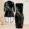 Women Plus Size Two Piece Set Sleeveless Bodycon Dress Long Sleeve Draped Cardigan Printed Black Teal Gold