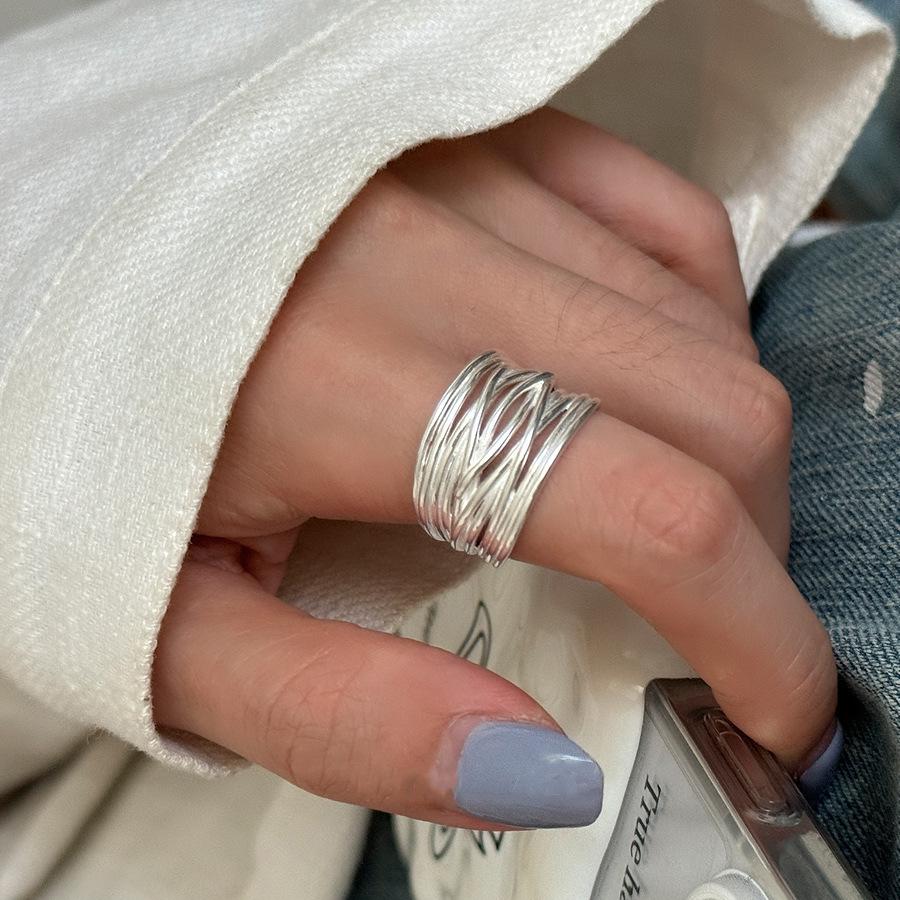 Women's Wide Band Geometric Frosted Matte Open Ring, S925 Silver Plated Creative Index Finger Design