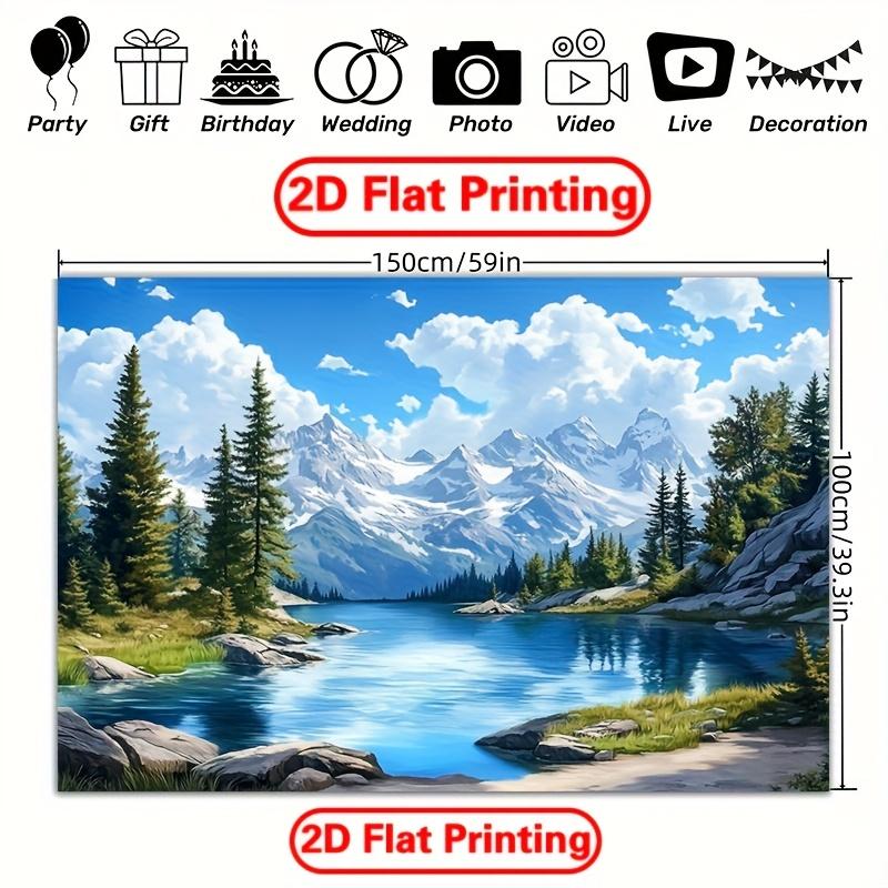 The promotional banner is designed in 2D format and features mountains forests and lakes. It is made of polyester fabric.