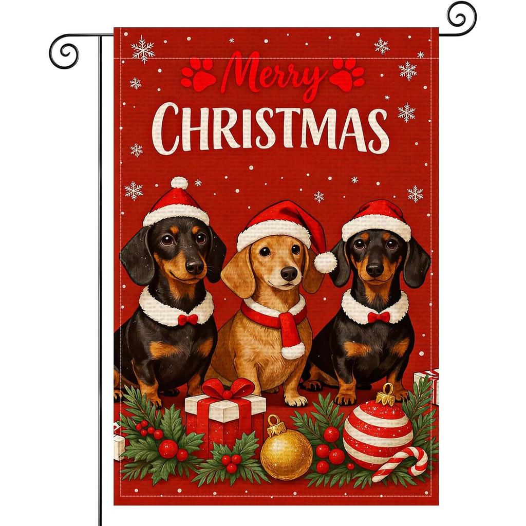 Merry Christmas Dachshund Garden Flag Holiday Outdoor Dog Yard Flag Seasonal Welcome Banner Double Sided Decorative Winter Garden Flag
