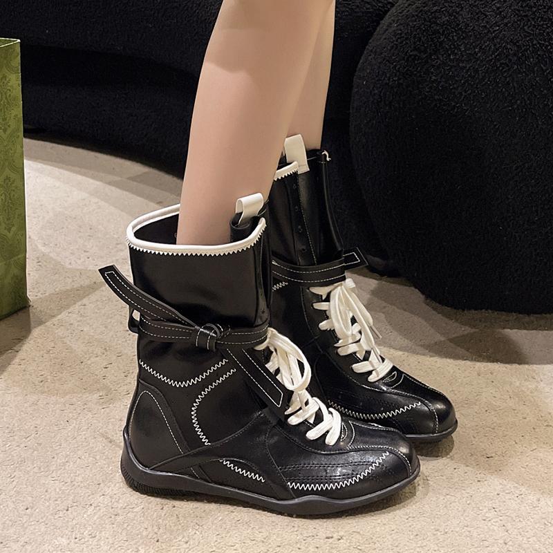 Fashion Fashion Lace Up Mid Calf Boots Women Y2K Gothic Low Heels Motorcycles Boots Woman Pu Leather Patchwork Punk Riding Botas Mujer
