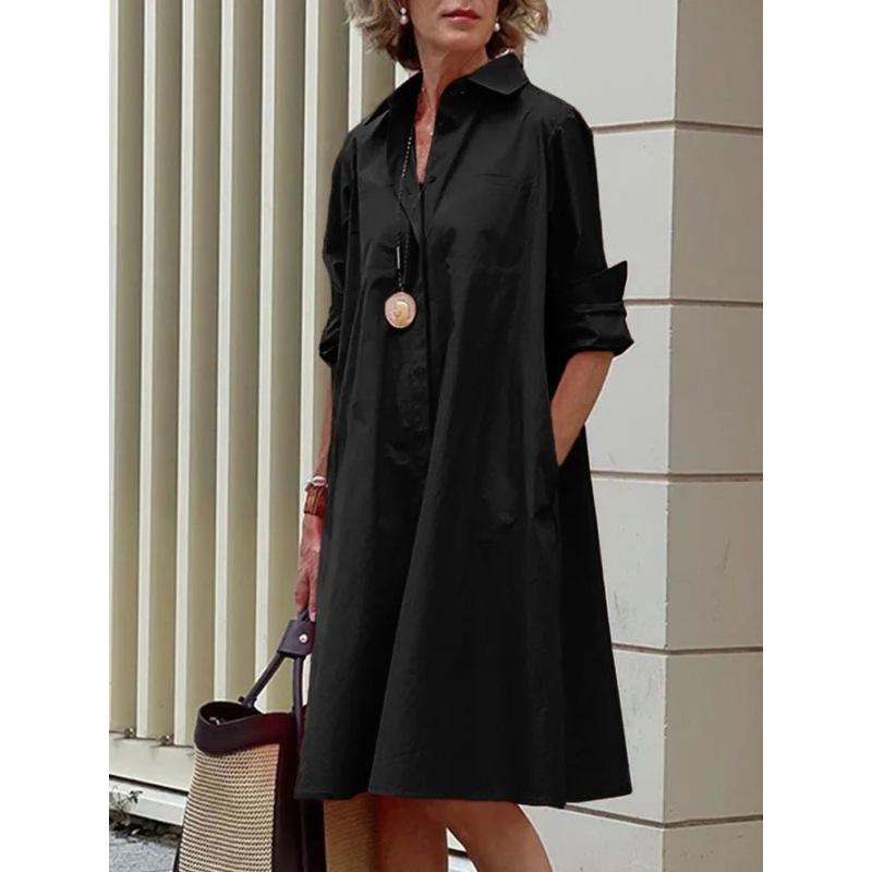 Women's Solid Color Long Sleeve Lapel Simple Loose Shirt Dress