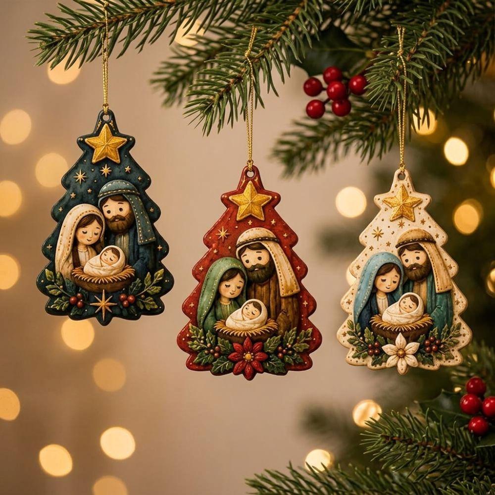 15Pcs Painted Wooden Nativity Ornaments Set Tree-Shaped Religious Christmas Decor Garden Decoration