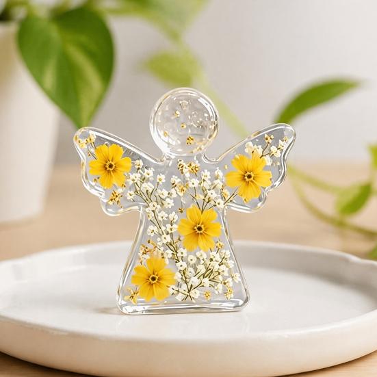 Handmade Floral Angel Ornament Forget Me Not Dried Flower Keepsake, Mini Acrylic Pocket Hug Figurine, Forget-me-not Memory Token Memorial Comfort