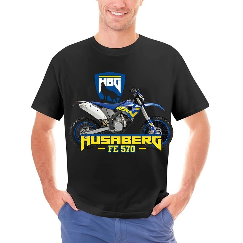 Husaberg Motorbike Men's Cotton T Shirt Black Casual Crew Neck with Vibrant Yellow Blue Design Regular Fit for Attire Outdoor Activities And