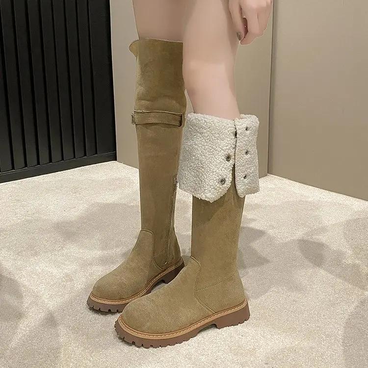 Мода 2024 года, новые винтажные коричневые ботинки в стиле вестерн, осенне-зимние замшевые ботинки с высоким рукавом, толстые каблуки выше колена, женские сапоги