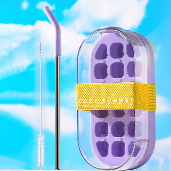 2-in-1 Water Bottle Ice Tray with Straw, One-Click Release, Portable Water Bottle Vertical Ice Cube Mold for Freezer