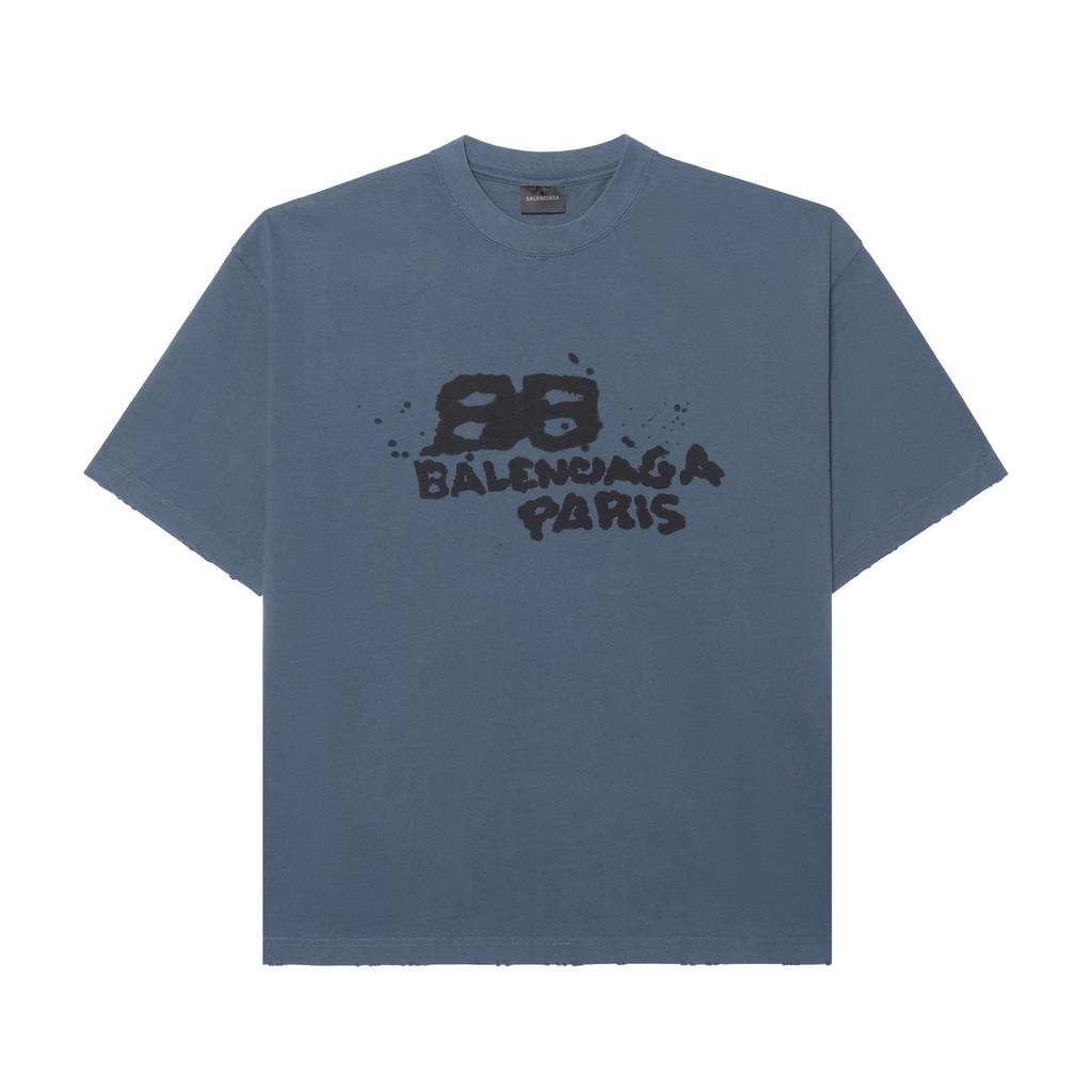 Balenciaga Хлопковая футболка с ручным рисунком BB ICON SS23, стандартный крой, мужская, стирка синий/черный 612966TNVN44183
