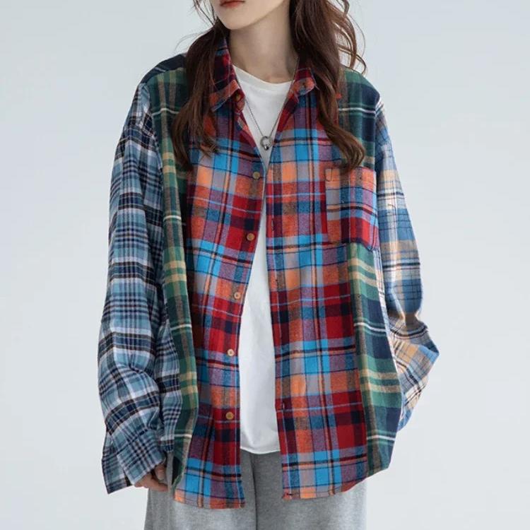 Свободные клетчатые рубашки, женский топ контрастного цвета, мешковатая рубашка в американском стиле ретро, ​​уличная одежда с длинными рукавами, универсальная женская одежда
