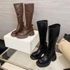 Fashion Brown Long Knee Women's Boots Soft Leather Chunky Heel Chunky Platform Boots Side Zipper Design 2026 Autumn Fashion Botas Largas