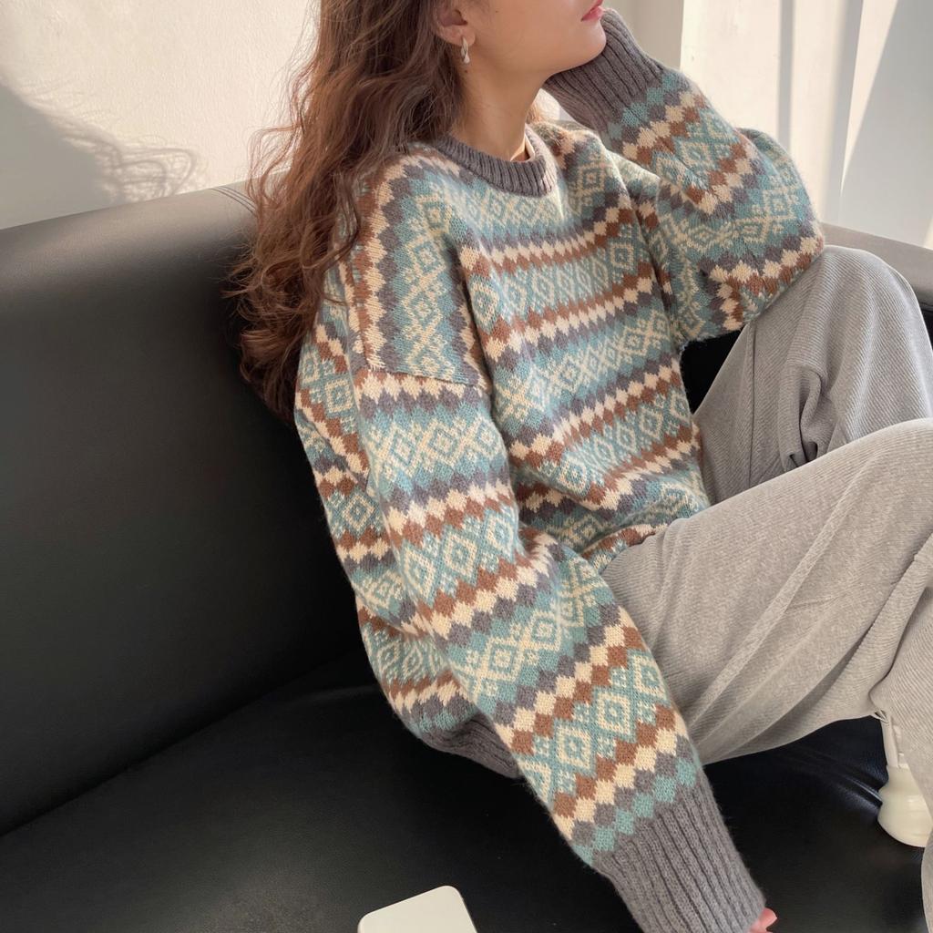 Уникальный дизайн Женский осенне-зимний жаккардовый пуловер свитер Свободный с длинным рукавом Ленивый стиль Вязаный топ Базовый слой