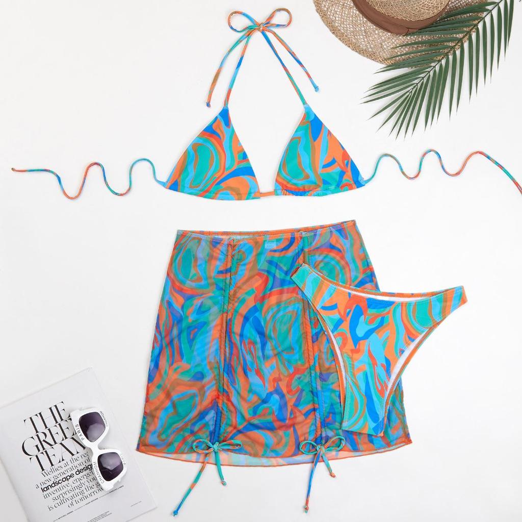 Swimsuit Women's Split Three Piece Set High Waist Sleeveless Ins Overshirt Drawstring Printed Bikini Suits