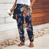 Women 3D Pink Flowers Print Pants Lace Up Elastic Waist Loose Trousers Casual Long Pants Trousers with Pockets