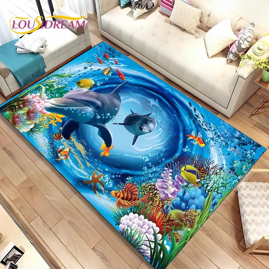 3D иллюзия морского дна, подводный мир, коврик с дельфином и акулой, коврик для гостиной, спальни, дивана, коврик, нескользящий напольный коврик