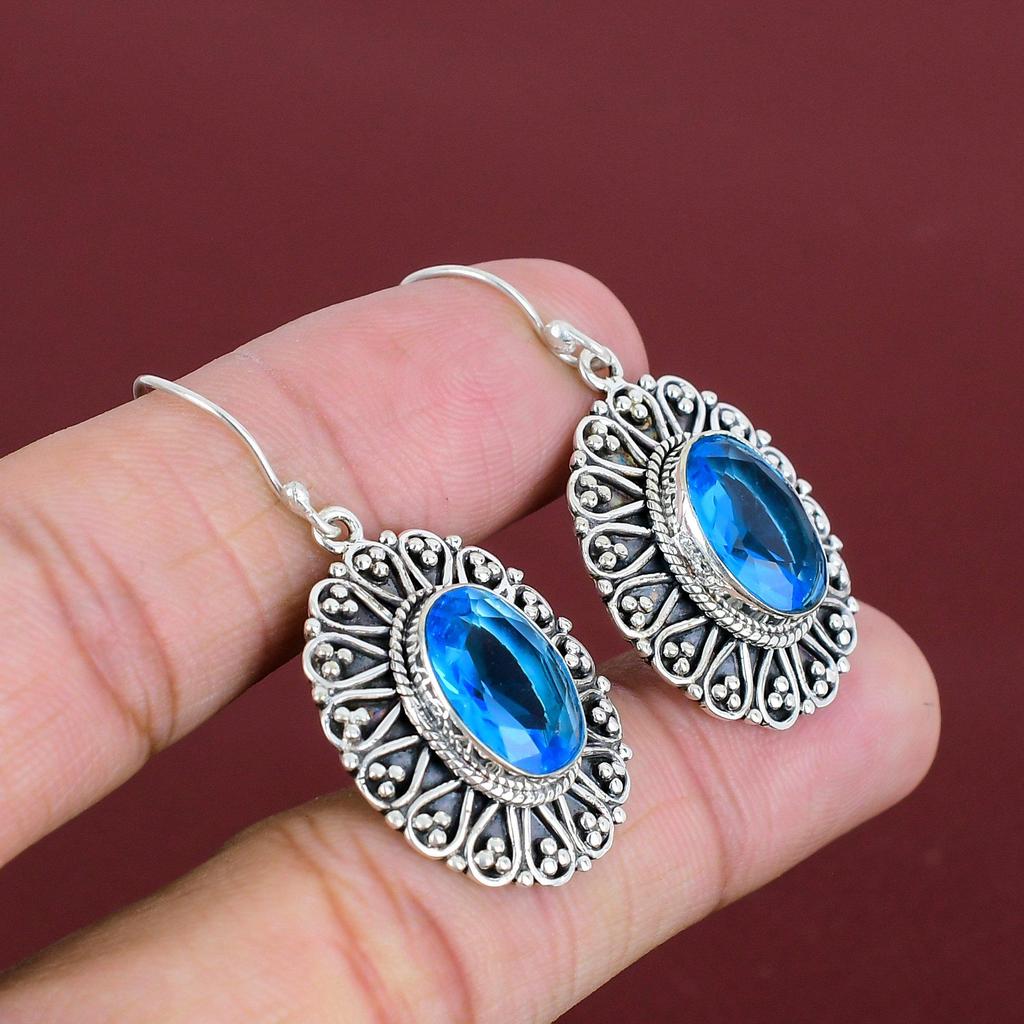 Faceted London Blue Topaz Earring Vintage Earrings Natural Gemstone Jewelry 925 Sterling Silver Earring Handmade Dangle Earring Gift For Her