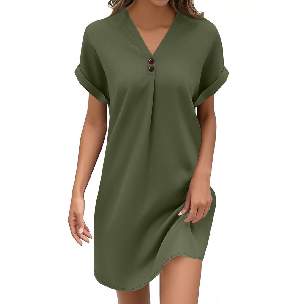 Women's Fashion V-neck Solid Color Pullover Casual Button Dress