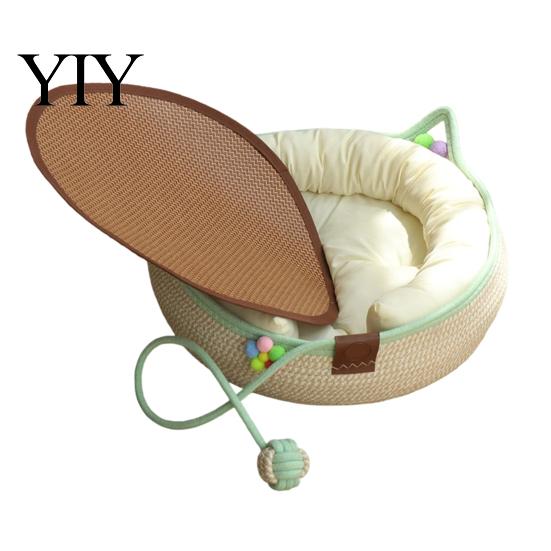 Indoor Cat House for Kittens Handwoven Cotton Rope Bed, Scratchable Sleeping Basket, Cute Ear Pet Basket Breathable Round Cats And Puppies Natural