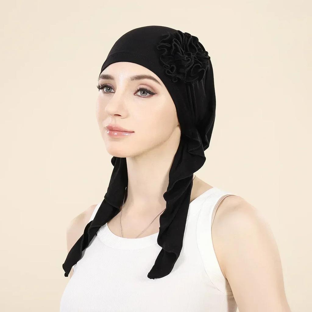 New Shimmer Pre-Tied Hat Women Muslim Hijab Turban Long Tail Headscarf Beanies Bonnet Hair Loss Chemo Cap Head Wrap Bandanas