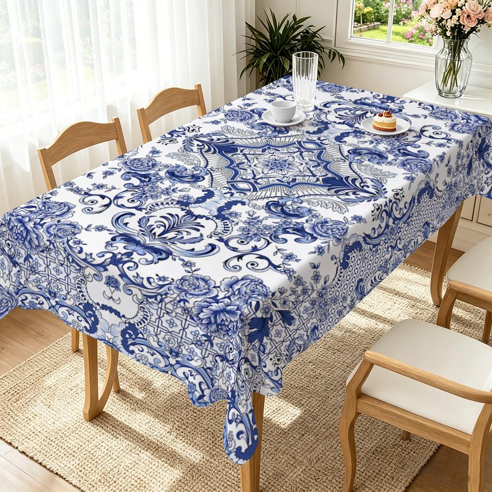 1pc, Blue And White Porcelain Printed Tablecloth, Polyester Material, White Background, Printed with Blue Classic Traditional Blue And White Porcelain