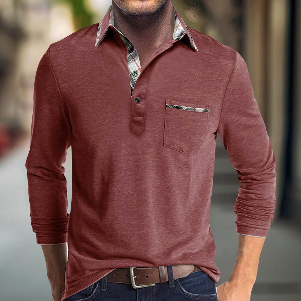 Мужская весенняя однотонная футболка с отворотом, 3 пуговицами, открытой планкой, длинными рукавами