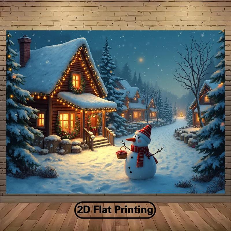 2D Flat, 1 Piece, Festive Christmas Snowman and Cabin Banner - Comfortable Winter Scene with Sparkling Lights