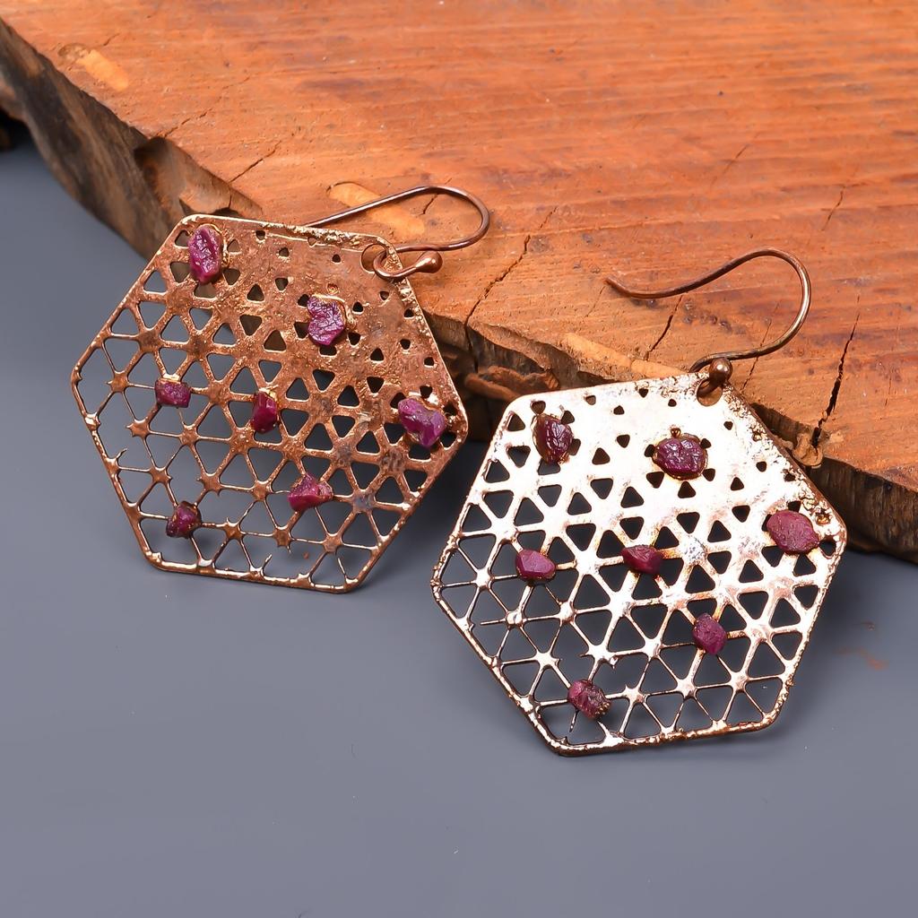 Серьги-подвески из меди с розовым рубином, гальванопластика, подарок для друга, ювелирные изделия V-45