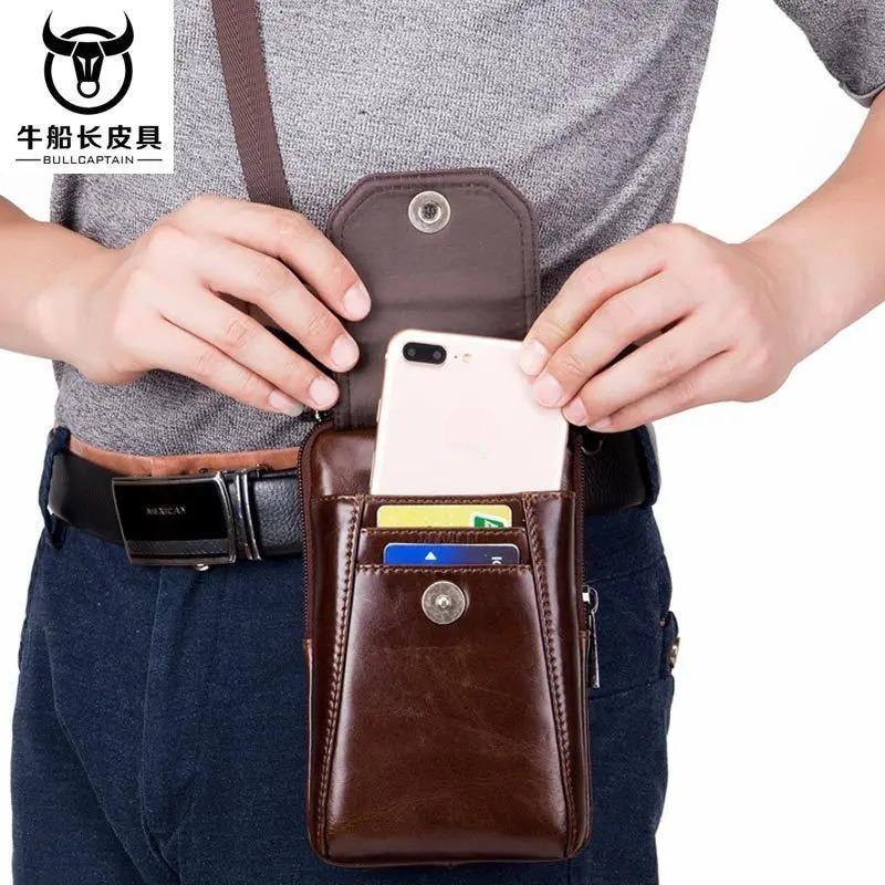 BULLCAPTAIN Genuine Leather Waist Pack Fanny Pack Belt Bag Phone Pouch Bags Travel Waist Pack Male Small Waist Bag Leather Pouch