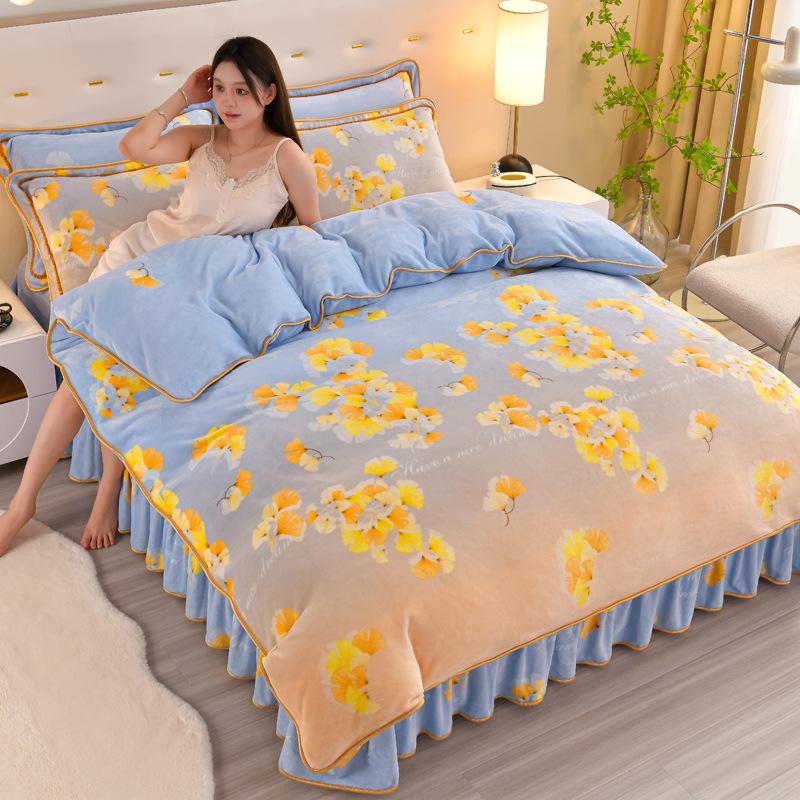 Утолщенный Молочный Флис Четырехпредметный Пододеяльник из Кораллового Флиса, Флисовая Простыня, Двустороннее Флисовое Фланелевое Постельное Белье, Юбка для Кровати