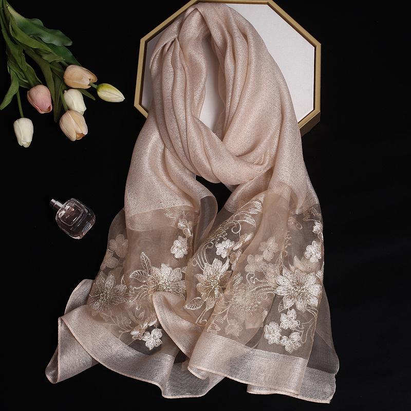 Luxury Silk Shawl Scarf for Women Design Embroidery Flowers Hijab Wraps Bufandas Female Headkerchief Fouloud Echarpe