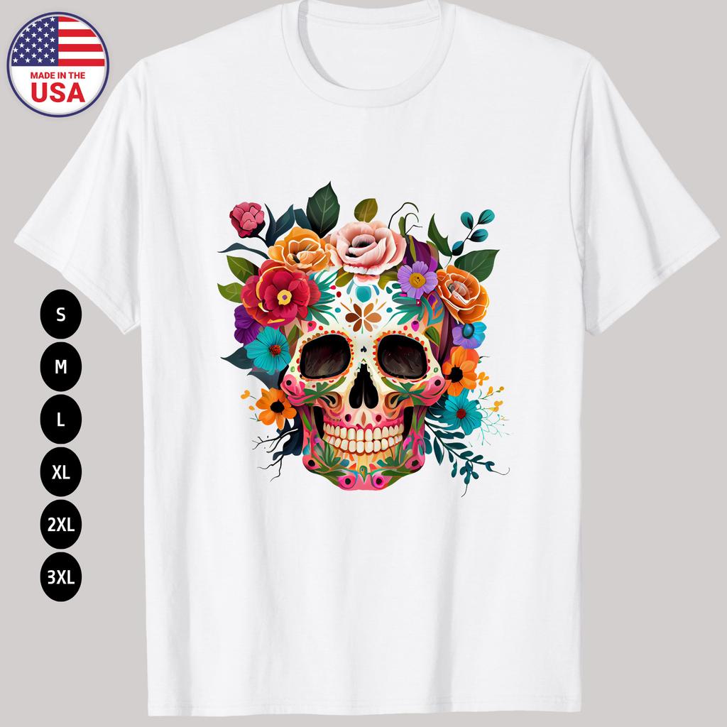 Floral Sugar Skull Men's White T-Shirt, Gift T-shirt S-3XL