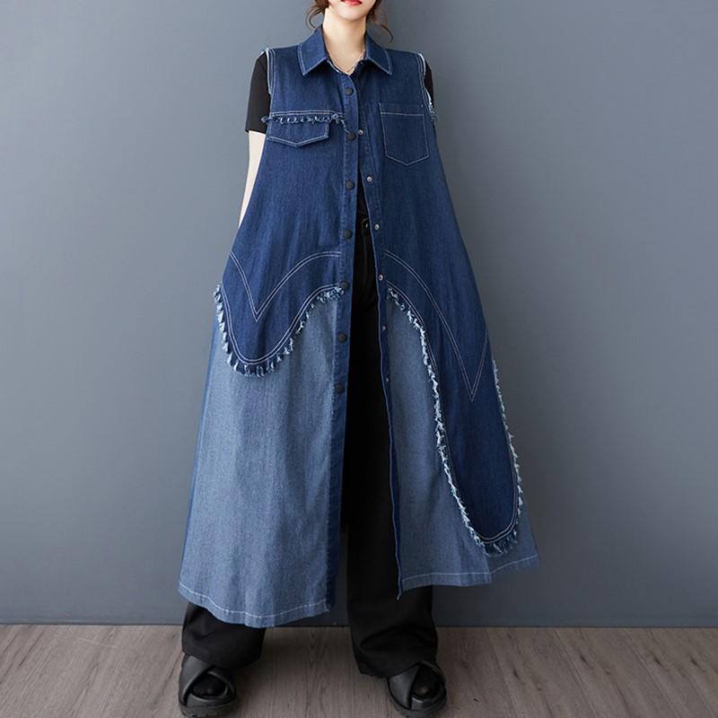 Без рукавов Большие размеры джинсовая винтажная пэчворк новые платья для женщин повседневные свободные длинные платья весна лето осень рубашка