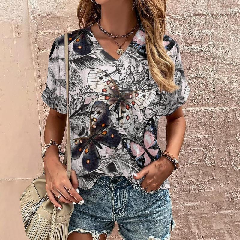 Летняя повседневная женская рубашка с принтом бабочек для поездок на работу, элегантная, с V-образным вырезом и короткими рукавами