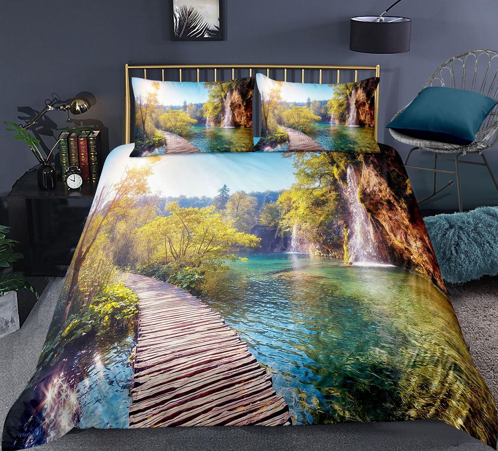 Комплект пододеяльников Nature Waterfall Flowing Down The Rocks Cascade Valley Image Декоративный комплект постельного белья из полиэстера с наволочкой